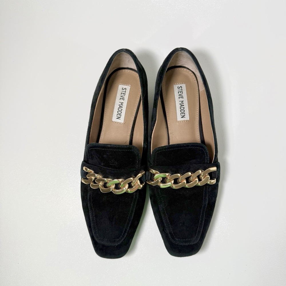 Steve Madden Womens Size 7M Rilynn Black Suede Leather Loafer With Chain Detail